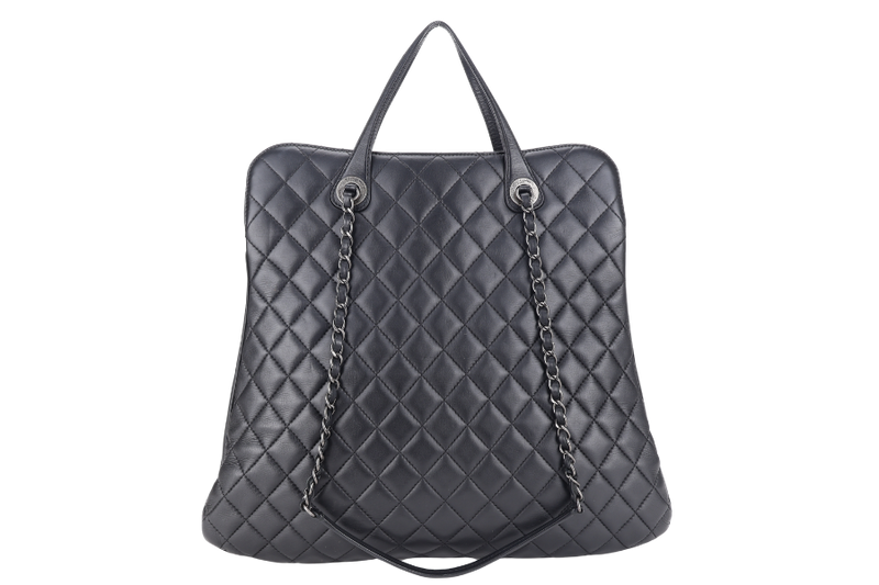 CHANEL QUILTED BLACK TOP HANDLE BAG (2194xxxx) RUTHENIUM HARDWARE WITH CARD AND DUST COVER