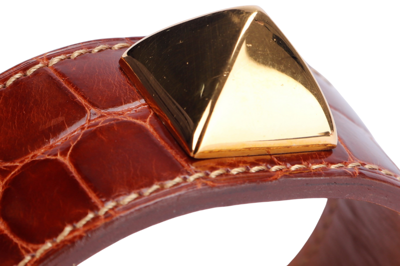 (Exotic) Hermes Brown Porosus Croc Bracelet with Gold Medor Stud, no Dust Cover & Box