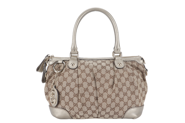 GUCCI SUKEY GG (247902) BEIGE CANVAS 2-WAY BAG SILVER HARDWARE WITH STRAP AND DUST COVER