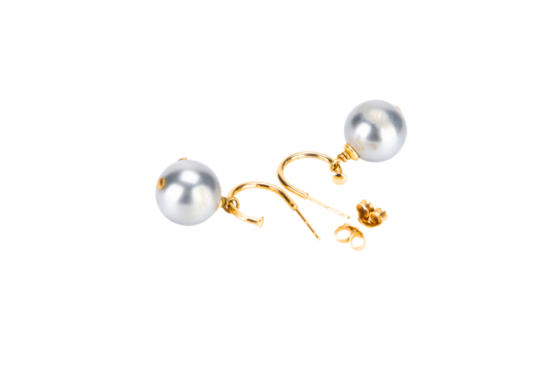 CHANEL GREY FAUX PEARL WITH GOLD J SHAPED EARRINGS, NO BOX