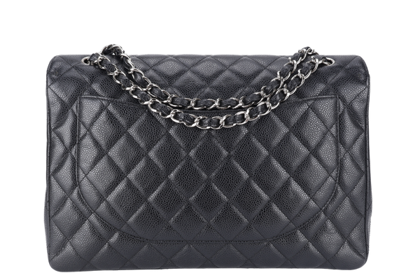 CHANEL SINGLE FLAP MAXI BLACK CAVIAR LEATHER SILVER HARDWARE 1328xxxx WITH CARD AND DUST COVER