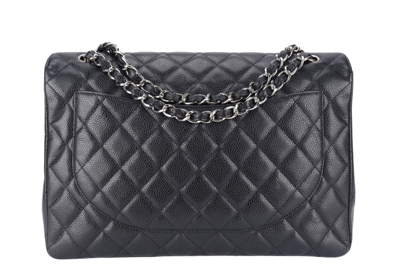 CHANEL SINGLE FLAP MAXI BLACK CAVIAR LEATHER SILVER HARDWARE 1328xxxx WITH CARD AND DUST COVER