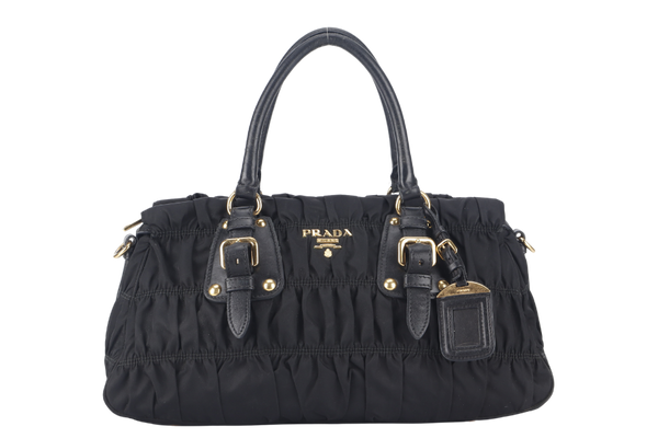 PRADA GAUFRE 2WAY BAG BLACK NYLON GOLD HARDWARE WITH STRAPS NO DUST COVER