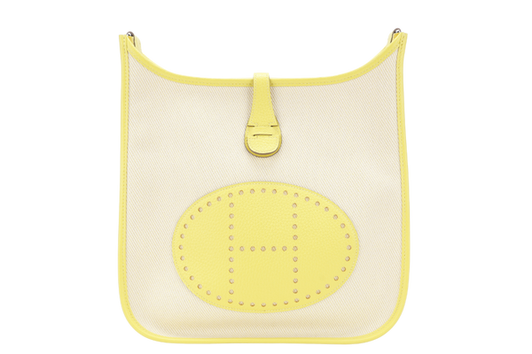 HERMES EVELYNE PM ECRU TOILE LIME YELLOW COLOR STAMP Y (YEAR 2020) WITH STRAP, DUST COVER, BOX AND PAPER BAG