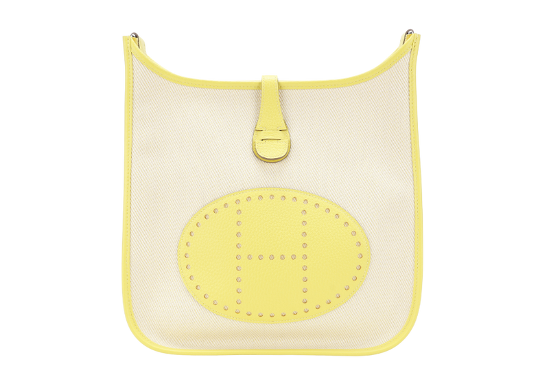 HERMES EVELYNE PM ECRU TOILE LIME YELLOW COLOR STAMP Y (YEAR 2020) WITH STRAP, DUST COVER, BOX AND PAPER BAG