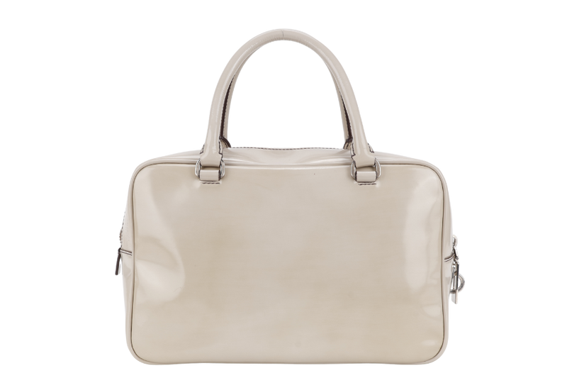 PRADA BN1114 TOP HANDLE BEIGE VINYL BAG SILVER HARDWARE WITH CARD, KEYS&LOCK AND DUST COVER