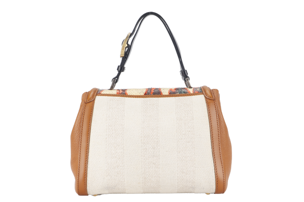 FENDI WHITE PYTHON TRIM CANVAS SILVANA SATCHEL MULTIPLE COLORS TOP FLAP GOLD HARDWARE WITH DUST COVER