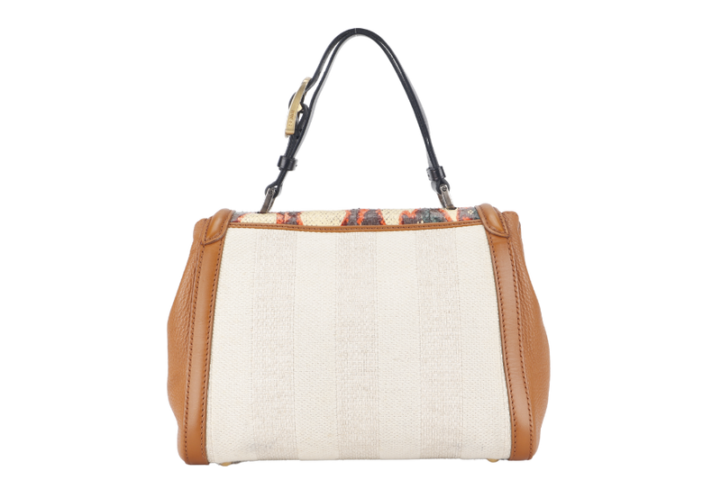 FENDI WHITE PYTHON TRIM CANVAS SILVANA SATCHEL MULTIPLE COLORS TOP FLAP GOLD HARDWARE WITH DUST COVER