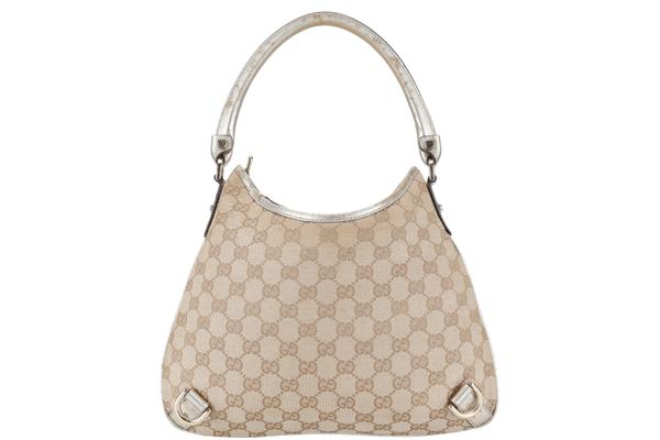 GUCCI GG ABBEY CANVAS METALLIC GOLD TRIM HOBO BAG WITH DUST COVER