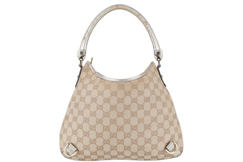 GUCCI GG ABBEY CANVAS METALLIC GOLD TRIM HOBO BAG WITH DUST COVER