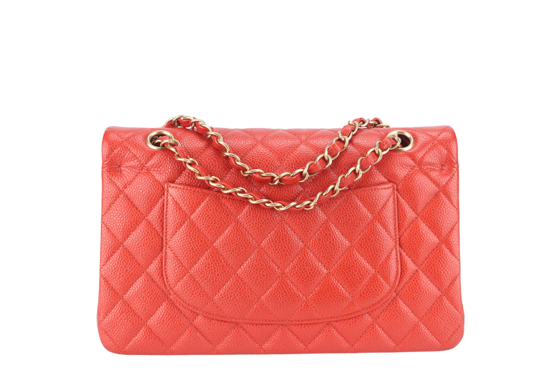 CHANEL CLASSIC FLAP MEDIUM ORANGE RED CAVIAR GOLD HARDWARE (2051xxxx) WITH CARD