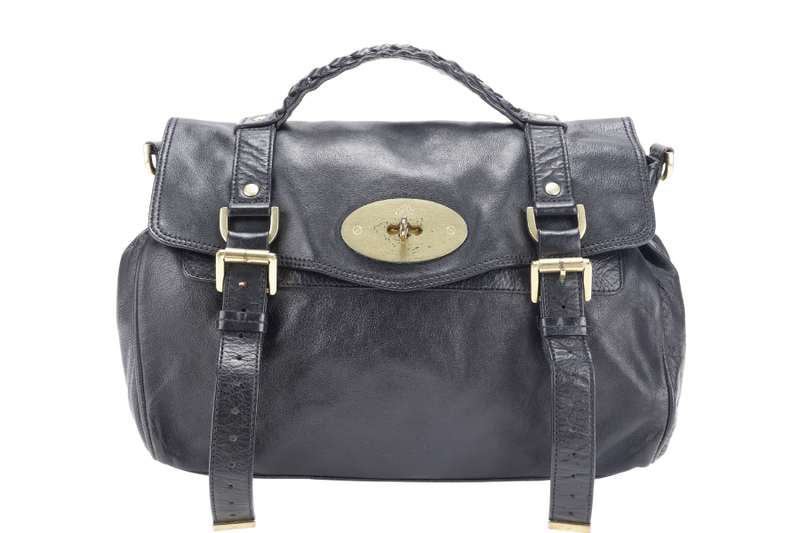 MULBERRY ALEXA SMALL BLACK LEATER 2WAYS BAG GOLD HARDWARE WITH SLING
