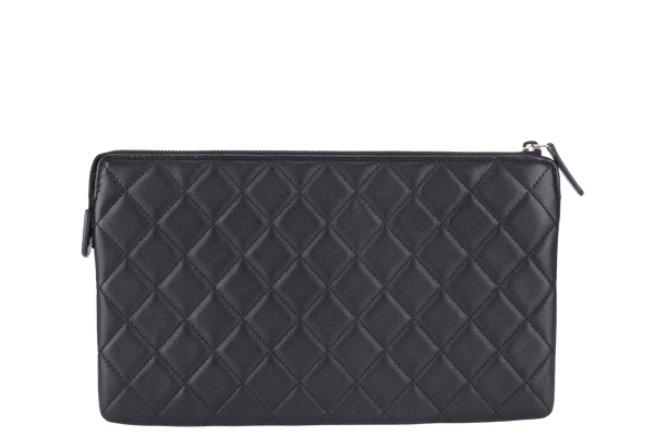 CHANEL BLACK LAMBSKIN QUILTED CLUTCH (2638xxxx) SILVER HARDWARE WITH DUST COVER AND BOX