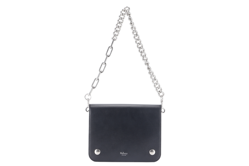 MULBERRY CLIFTON SHOULDER BAG BLACK CROSSBOARDED CALFSKIN BRUSHED SILVER HARDWARE WITH CHAIN STRAP AND DUST COVER