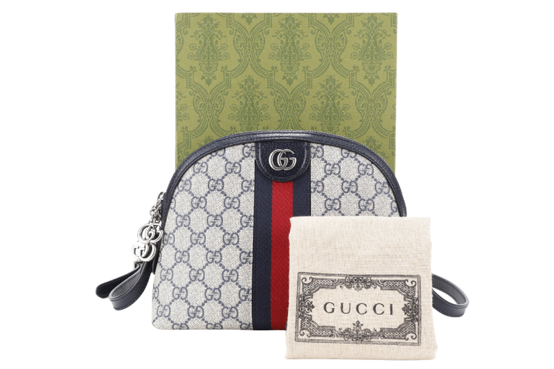 GUCCI OPHIDIA CROSS BODY BAG SMALL BLUE GG MONOGRAM CANVAS SILVER HARDWARE WITH DUST COVER AND BOX