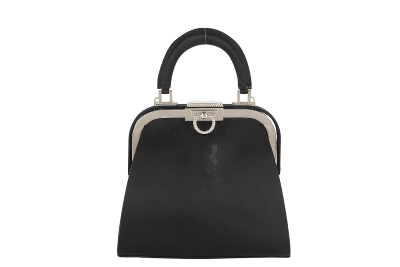 CHRISTIAN DIOR MINI CLASP HANDBAG BLACK SATIN SILVER HARDWARE WITH DUST COVER