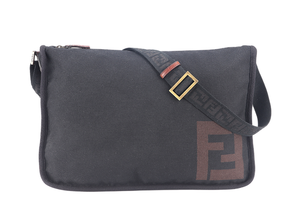 FENDI ZUCCA MESSENGER BAG BLACK CANVAS SILVER HARDWARE WITH DUST COVER