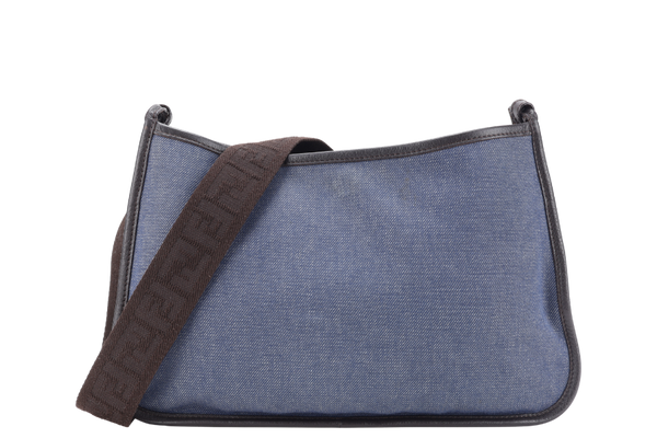 FENDI AB02827 BLUE DENIM CROSSBODY BAG BROWN DARK BROWN GOLD HARDWARE WITH STRAPS