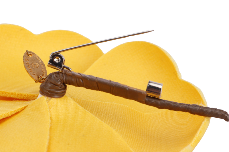 CHANEL YELLOW VELVET CAMELIA BROOCH WITH BOX