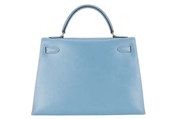 HERMES KELLY 32 BLUE JEAN BOX LEATHER GOLD HARDWARE STAMP A (YEAR 1997) WITH STRAPS, KEYS AND LOCK