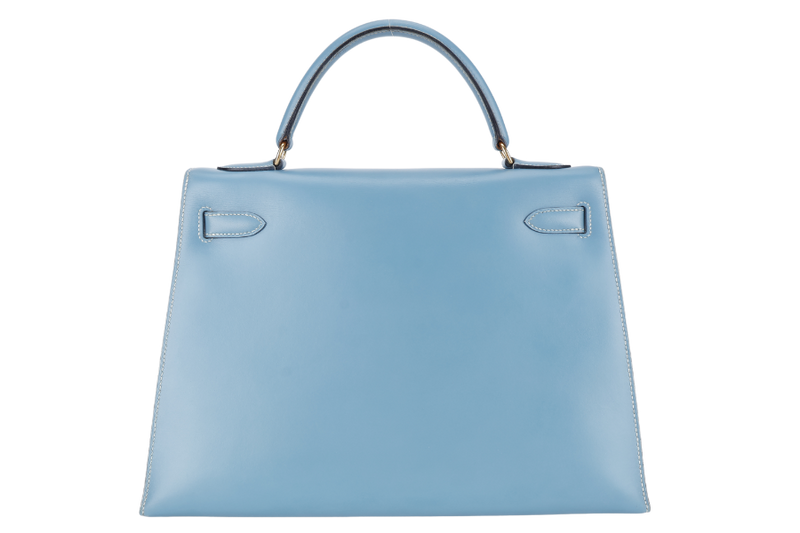 HERMES KELLY 32 BLUE JEAN BOX LEATHER GOLD HARDWARE STAMP A (YEAR 1997) WITH STRAPS, KEYS AND LOCK