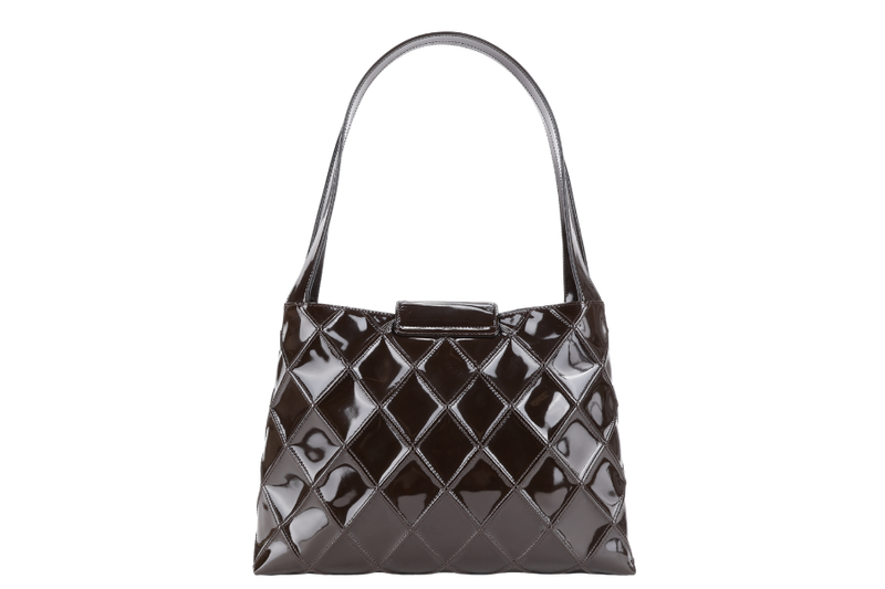 CHANEL DARK BROWN PATENT QUILTED SHOULDER BAG RUTHENIUM HARDWARE (616xxxx) WITH CARD AND BOX