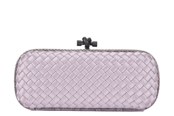 BOTTEGA VENETA KNOT CLUTCH MEDIUM LILAC SATIN BLACK HARDWARE WITH DUST COVER