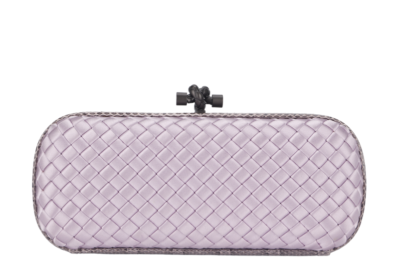 BOTTEGA VENETA KNOT CLUTCH MEDIUM LILAC SATIN BLACK HARDWARE WITH DUST COVER