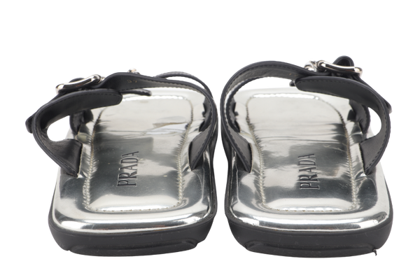 PRADA BLACK LEATHER BUCKLES SILVER PATENT LEATHER MULES SANDALS EU SIZE 37 WITH DUST COVER