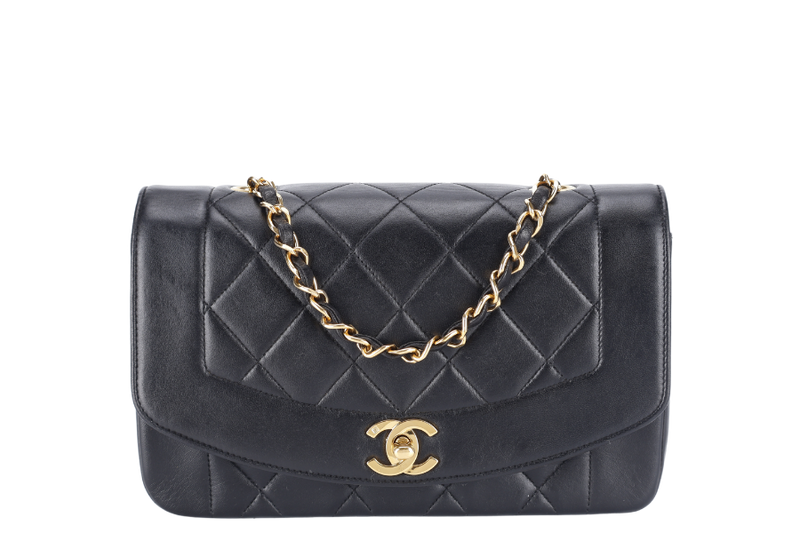 CHANEL DIANA MATELASSE SMALL(283xxx) BLACK LAMBSKIN LEATHER GOLD HARDWARE WITH DUST COVER