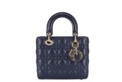 CHRISTIAN DIOR LADY DIOR SMALL (01-RU-1117) NAVY BLUE CANNAGE LAMBSKIN GOLD HARDWARE WITH STRAP, DUST COVER AND BOX