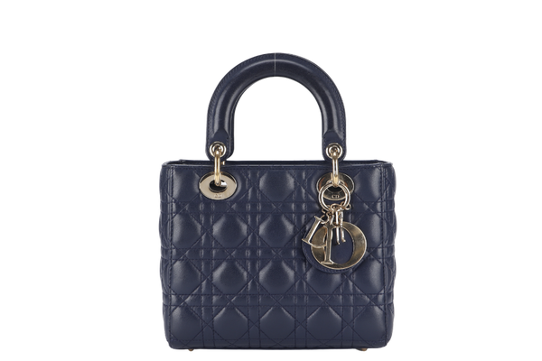 CHRISTIAN DIOR LADY DIOR SMALL (01-RU-1117) NAVY BLUE CANNAGE LAMBSKIN GOLD HARDWARE WITH STRAP, DUST COVER AND BOX