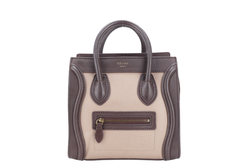 CELINE LUGGAGE NANO BAG TRICOLOR BROWN TAUPE LEATHER GOLD HARDWARE WITH LONG STRAPS