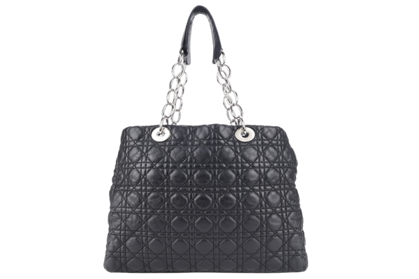 CHRISTIAN DIOR CANNAGE SHOPPING TOTE LARGE BLACK LAMBSKIN SILVER HARDWARE WITH DUST COVER