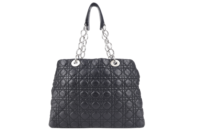 CHRISTIAN DIOR CANNAGE SHOPPING TOTE LARGE BLACK LAMBSKIN SILVER HARDWARE WITH DUST COVER