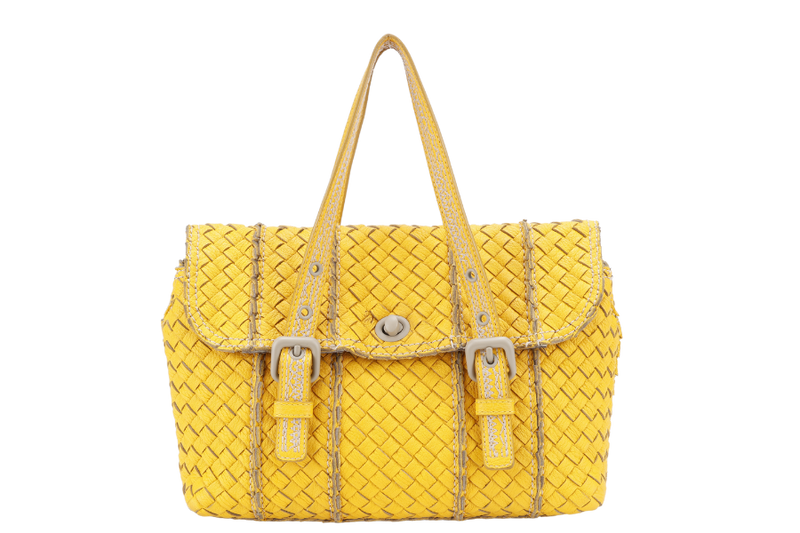 BOTTEGA VENETA VIVO CERVO INTRECCIATO BAG YELLOW LEATHER WITH GREY ANCHOR LINKS WITH LEATHER STRAPS AND DUST COVER