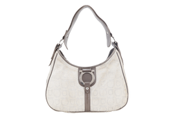 SALVATORE FERRAGAMO GANCINI GREY CANVAS WITH BROWN LEATHER LINING SILVER HARDWARE WITH DUST COVER
