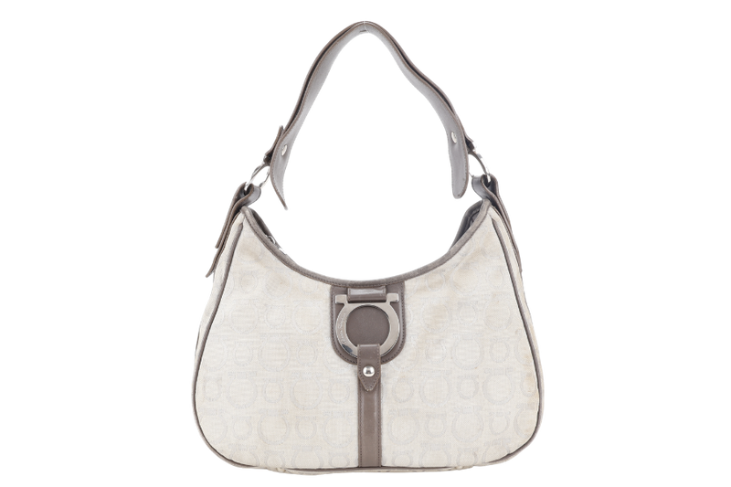 SALVATORE FERRAGAMO GANCINI GREY CANVAS WITH BROWN LEATHER LINING SILVER HARDWARE WITH DUST COVER