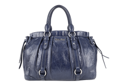 MIU MIU VITELLO SHINE SATCHEL DARK BLUE LEATHER SILVER HARDWARE WITH STRAPS AND NO DUST COVER