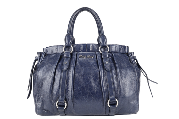 MIU MIU VITELLO SHINE SATCHEL DARK BLUE LEATHER SILVER HARDWARE WITH STRAPS AND NO DUST COVER