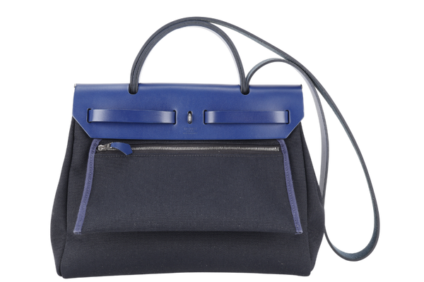 HERMES MILITARY TOILE VACHE HUNTER LAQUE HERBAG ZIP RETOURNE 31 PM BLACK&BLUE SAPPHIRE STAMP U (YEAR 2022) WITH LOCK&KEYS AND DUST COVER
