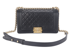 CHANEL LE BOY OLD MEDIUM (2165xxxx) BLACK LAMBSKIN GOLD HARDWARE WITH DUST COVER, CARD AND BOX