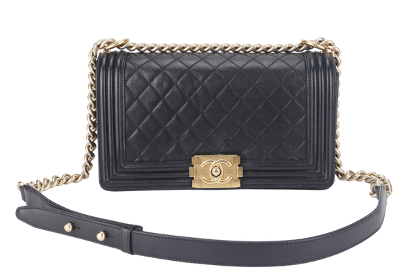 CHANEL LE BOY OLD MEDIUM (2165xxxx) BLACK LAMBSKIN GOLD HARDWARE WITH DUST COVER, CARD AND BOX