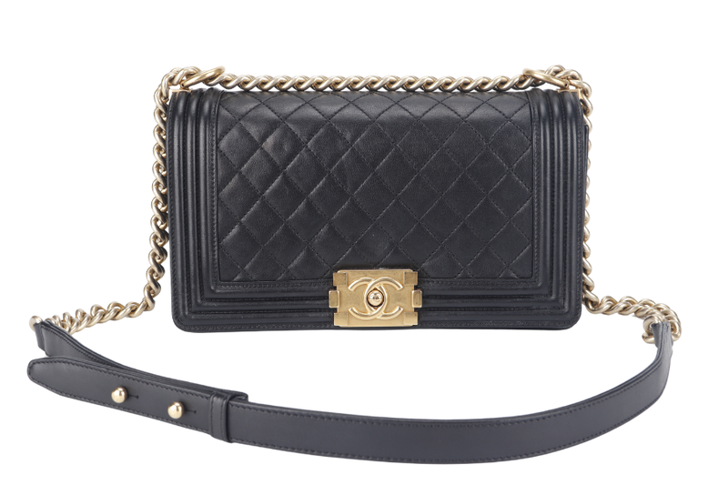 CHANEL LE BOY OLD MEDIUM (2165xxxx) BLACK LAMBSKIN GOLD HARDWARE WITH DUST COVER, CARD AND BOX