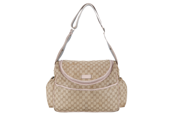 GUCCI DIAPER BAG 123326.002058 LARGE BEIGE & PINK GG MONOGRAM CANVAS GOLD HARDWARE WITH DUST COVER