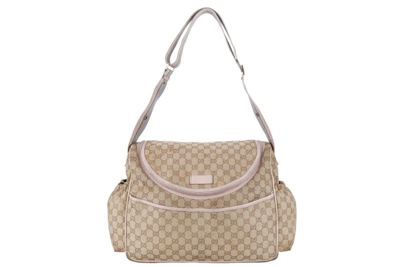 GUCCI DIAPER BAG 123326.002058 LARGE BEIGE & PINK GG MONOGRAM CANVAS GOLD HARDWARE WITH DUST COVER