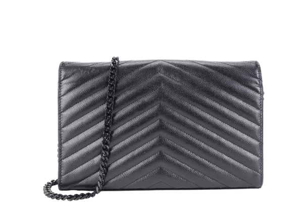YVES SAINT LAURENT (YSL) CLASSIC CASSANDRE SO BLACK CHAIN WALLET MATELASSE LEATHER BLACK HARDWARE WITH STRAPS NO DUST COVER