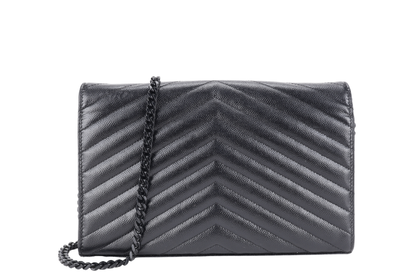 YVES SAINT LAURENT (YSL) CLASSIC CASSANDRE SO BLACK CHAIN WALLET MATELASSE LEATHER BLACK HARDWARE WITH STRAPS NO DUST COVER