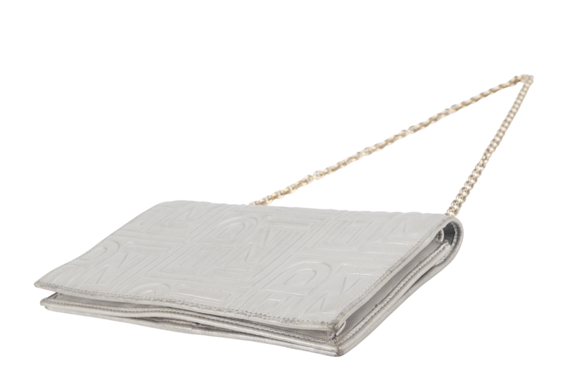 FENDI SILVER METALLIC NAPPA LOGO EMBOSSED W.O.C GOLD HARDWARE (AX41526) WITH CHAIN STRAPS NO DUST COVER