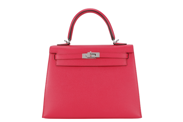 HERMES KELLY 25 SELLIER ROSE EXTREME EPSOM SILVER HARDWARE STAMP D (2020) WITH DUST COVER, LOCK & KEYS, STRAPS AND RAINCOAT